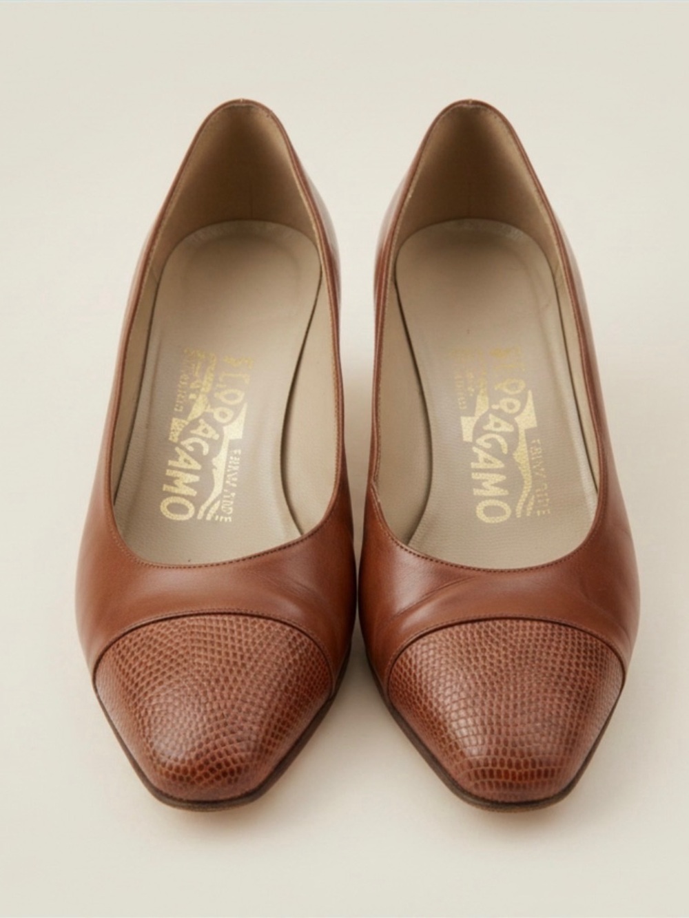 Salvatore Ferragamo Brown Leather Pointed-Toe Pumps